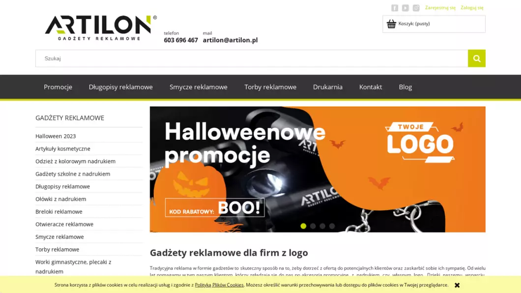 Zrzut ekranu strony Gadżety reklamowe | Sklep internetowy ARTILON