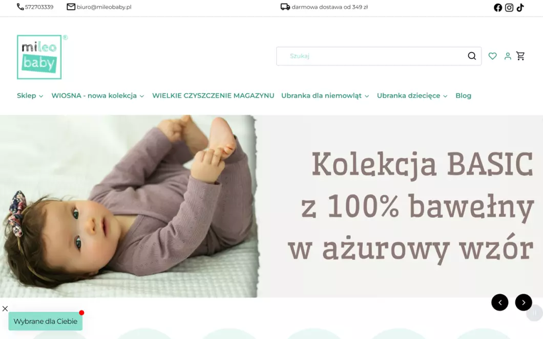 Zrzut ekranu strony Ubranka dla niemowląt - MiLeo Baby
