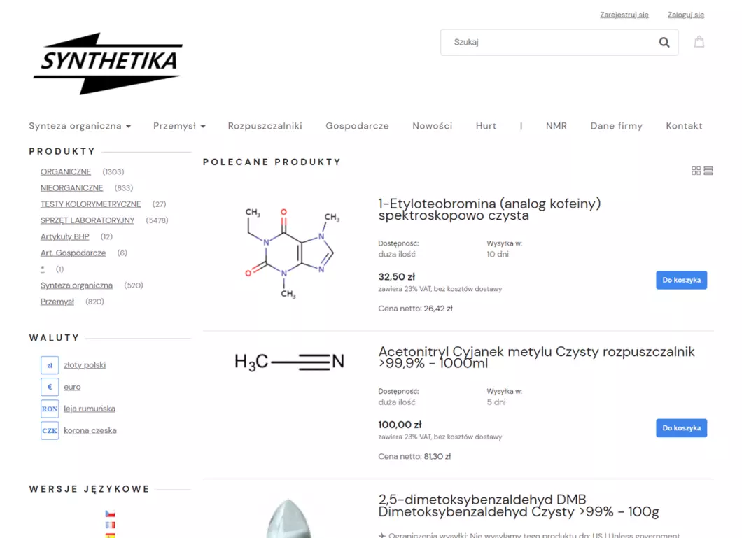 Zrzut ekranu strony SYNTHETIKA