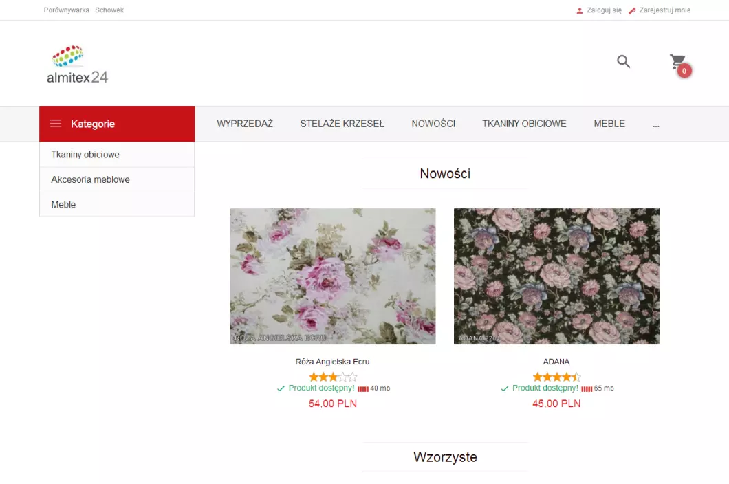 Zrzut ekranu strony Hurtownia materiałów tapicerskich - Almitex