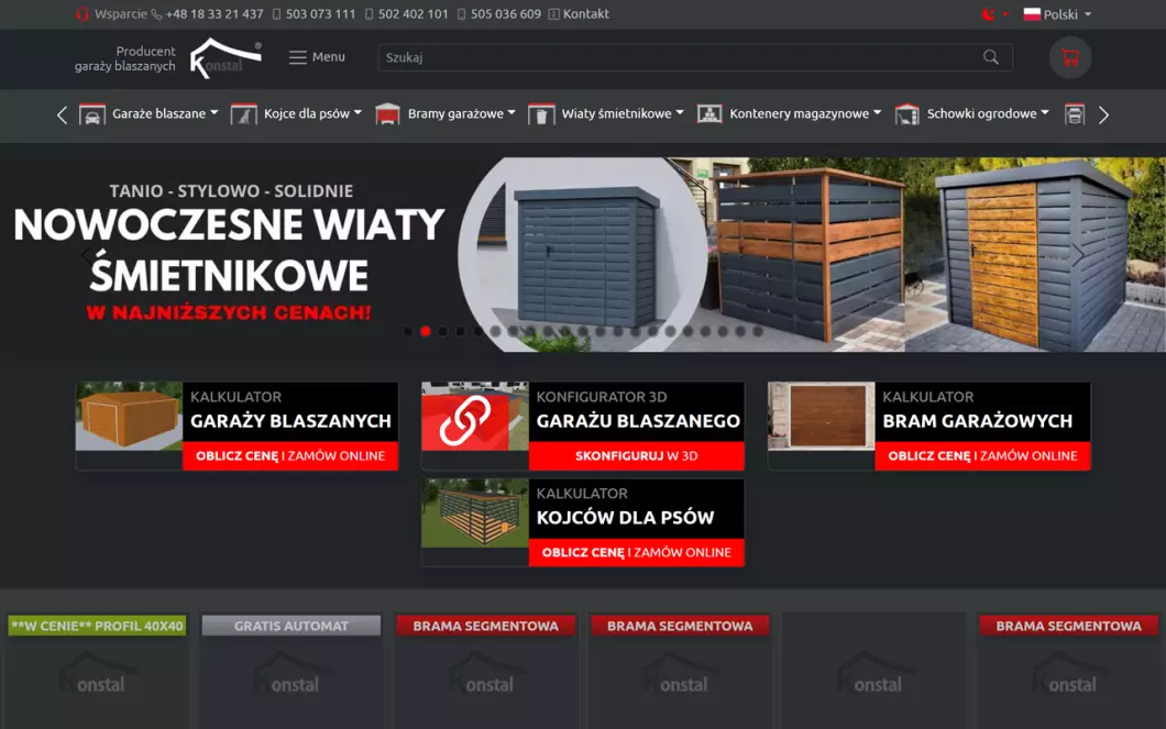 Zrzut ekranu strony Konstal - producent  garaży blaszanych i bram garażowych