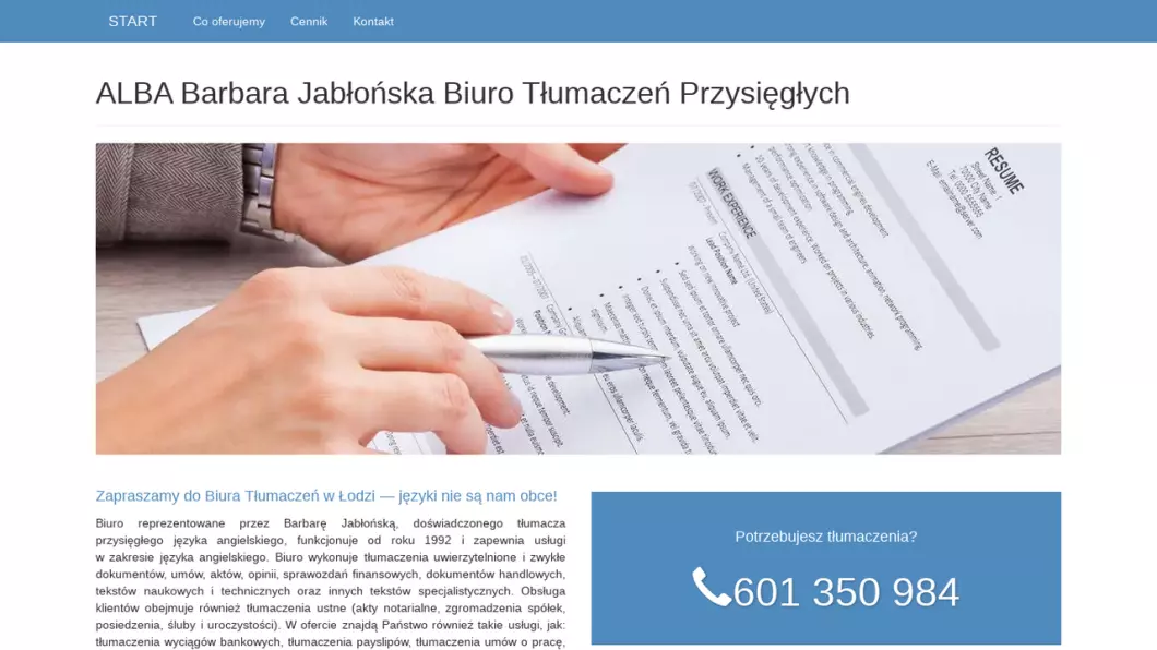 Zrzut ekranu strony Biuro Tłumaczeń Przysięgłych ALBA