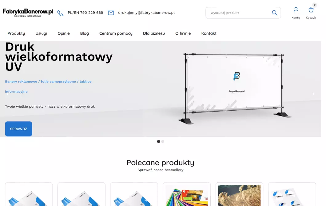 Zrzut ekranu strony FabrykaBanerow.pl - drukarnia wielkoformatowa online